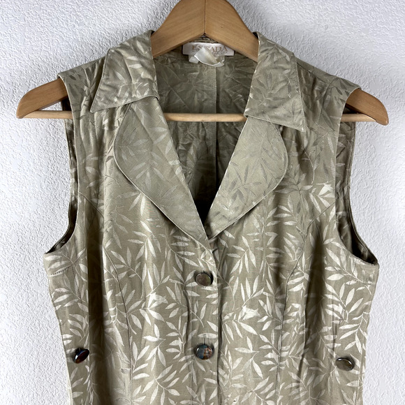 Vintage Escada Vest Women 40 Beige Margaretha Ley Button Front Leaf Print Silky - Picture 2 of 10